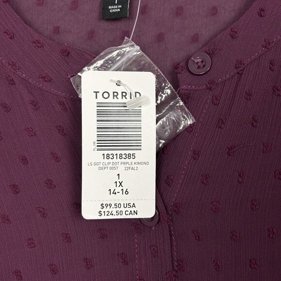 Torrid Woman Sheer Kimono Clit Dot Texture Plus sz 1X Button Front Lace Fairy - Picture 7 of 16